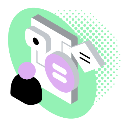 Isometric person with a phone, equal sign, and document, all in shades of gray, purple, and green.