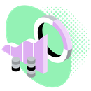 Isometric graphic with charts and data, in purple, black, and white over a green background with dot pattern.