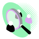 Magnifying glass focused on three abstract people on a green background.