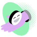 Hand holding a smiling, white face-shaped object with a black rim. Light purple hand with a gray wristband and a green background.
