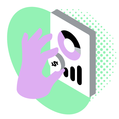Hand holding a report with charts and dollar symbol, over a green background.