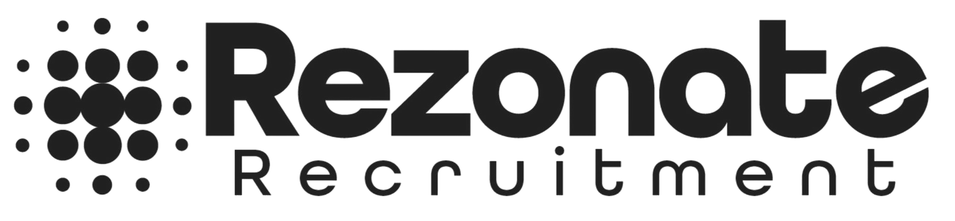 Logo for Rezonate Recruitment, black text and dot graphic on white background.