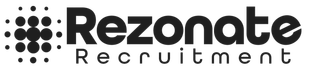 Logo for Rezonate Recruitment, black text and dot graphic on white background.