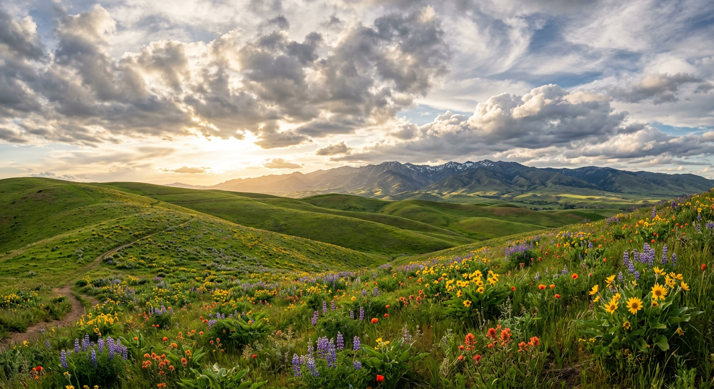 Sunlit wildflower meadow under a cloudy sky with rolling green hills at sunset
