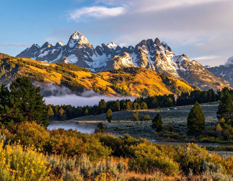 Snowy mountain peaks above a golden forest and misty valley at sunrise.