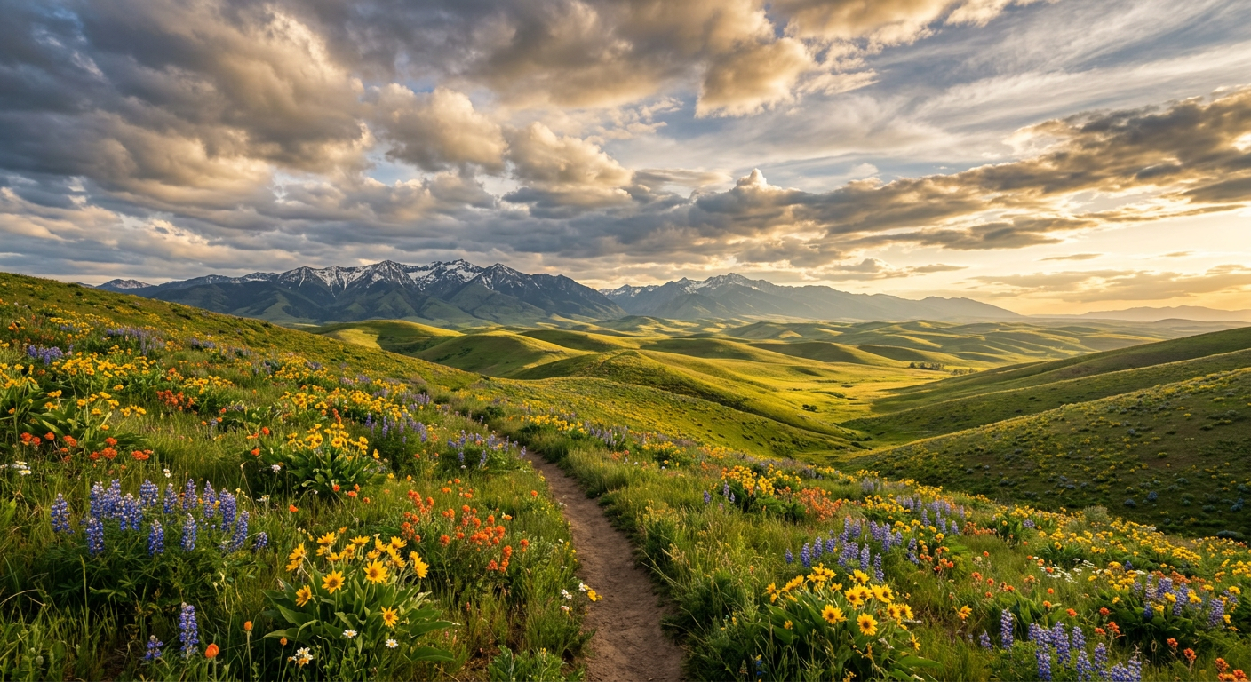 Wildflower meadow with a dirt path and distant mountains under a dramatic cloudy sunset
