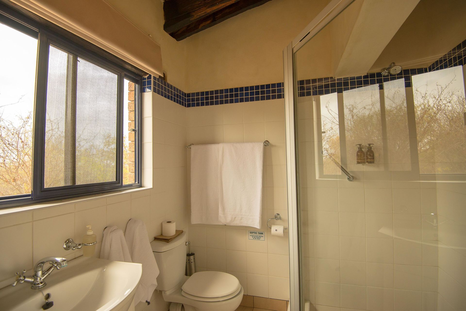 Small beige bathroom with toilet, sink, shower curtain, and two windows with dark trim.