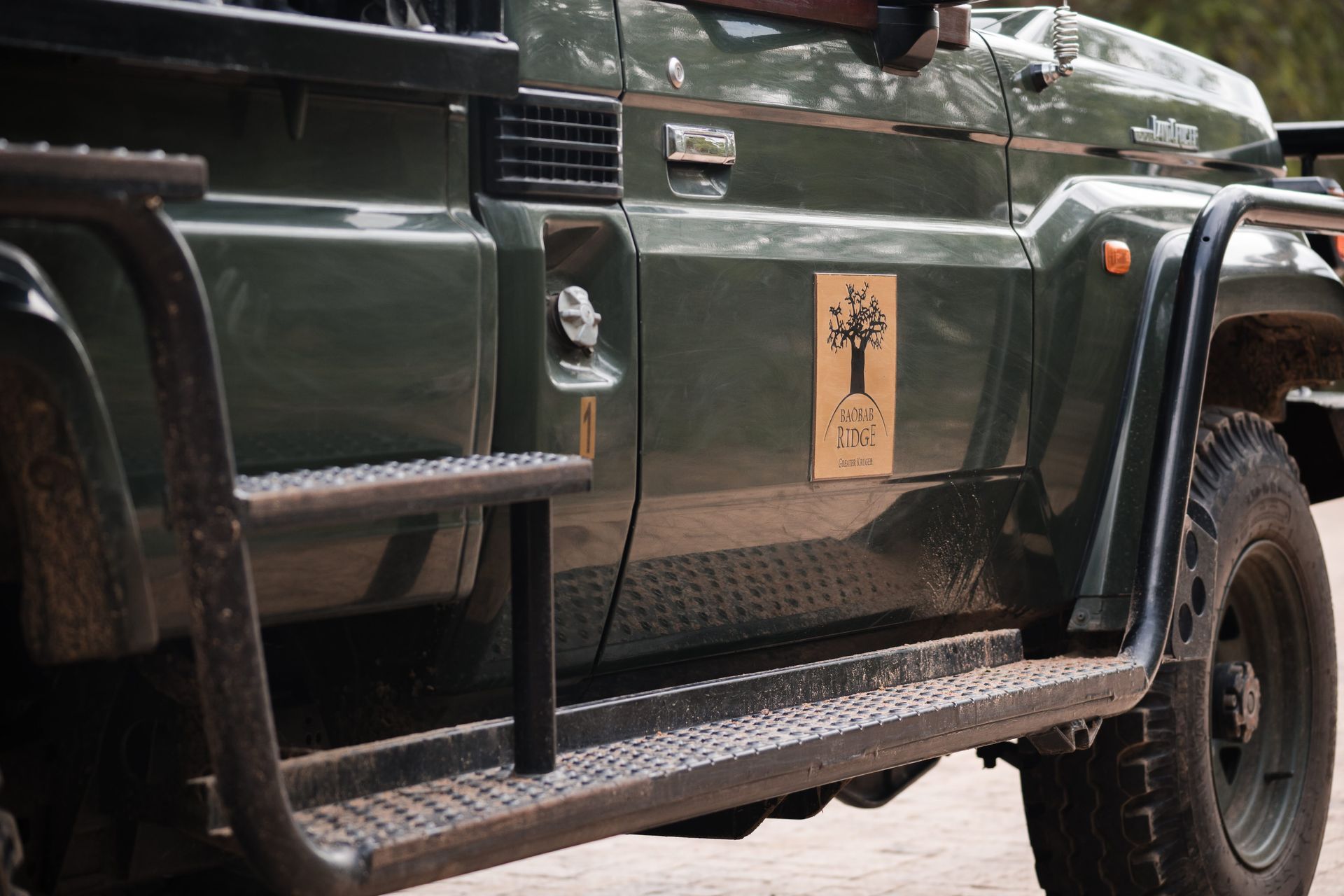 Green military-style off-road vehicle side view with black tires and a tan emblem on the door