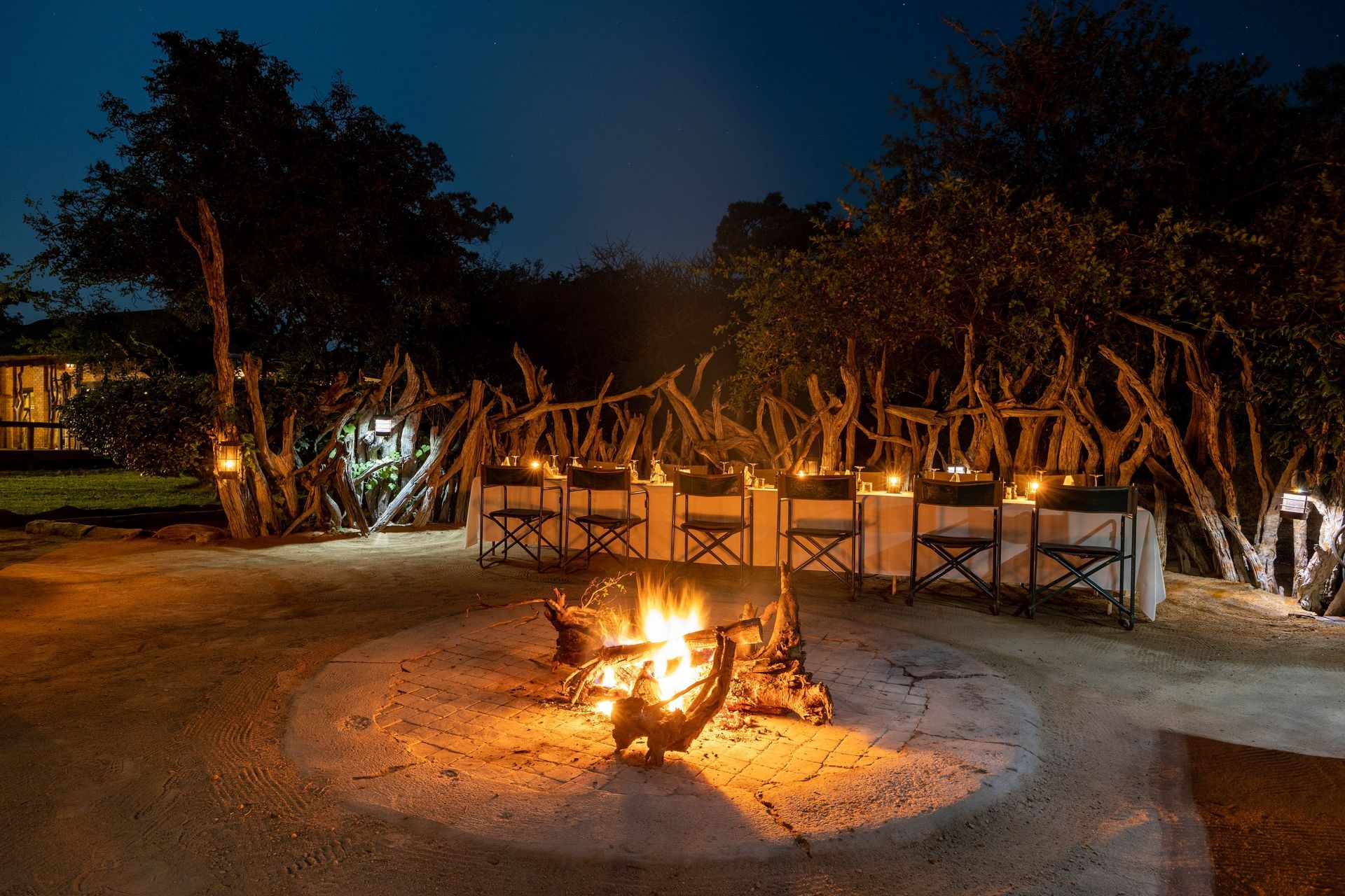 Nighttime outdoor seating area with a lit fire pit and warm lights among trees and benches
