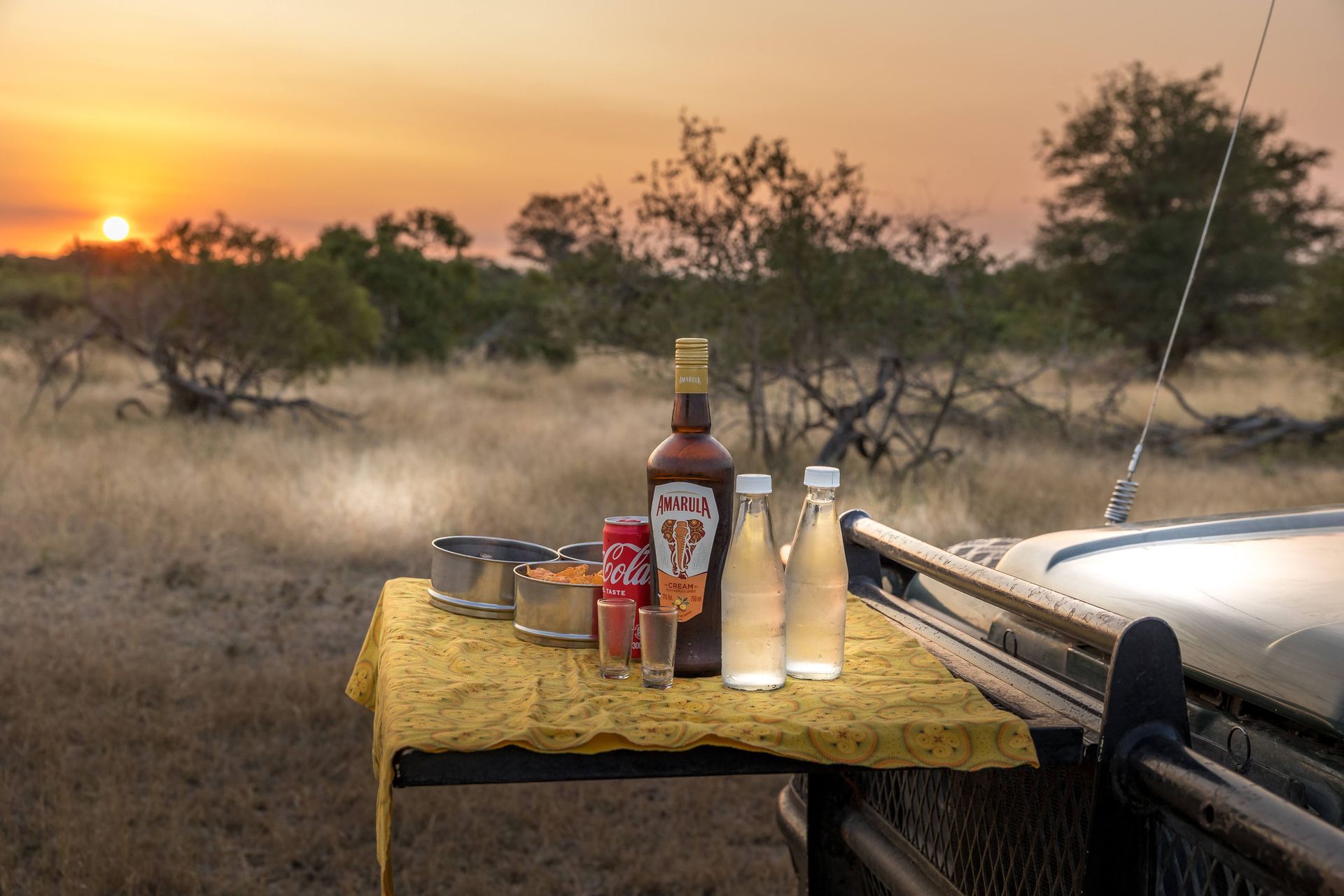 Safari breakfast on a table beside a vehicle, with drinks and food at sunrise in a grassy savanna.