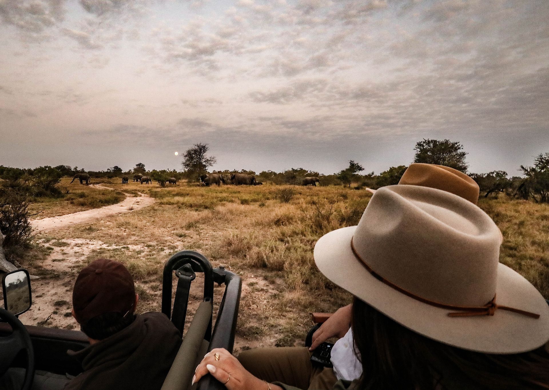 Two people on a safari vehicle viewing a grassy savanna under a cloudy sky