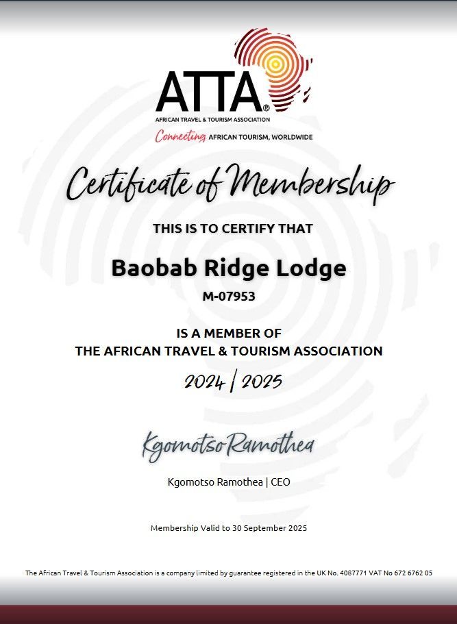 ATA certificate of membership for Baobab Ridge Lodge with logo and signatures