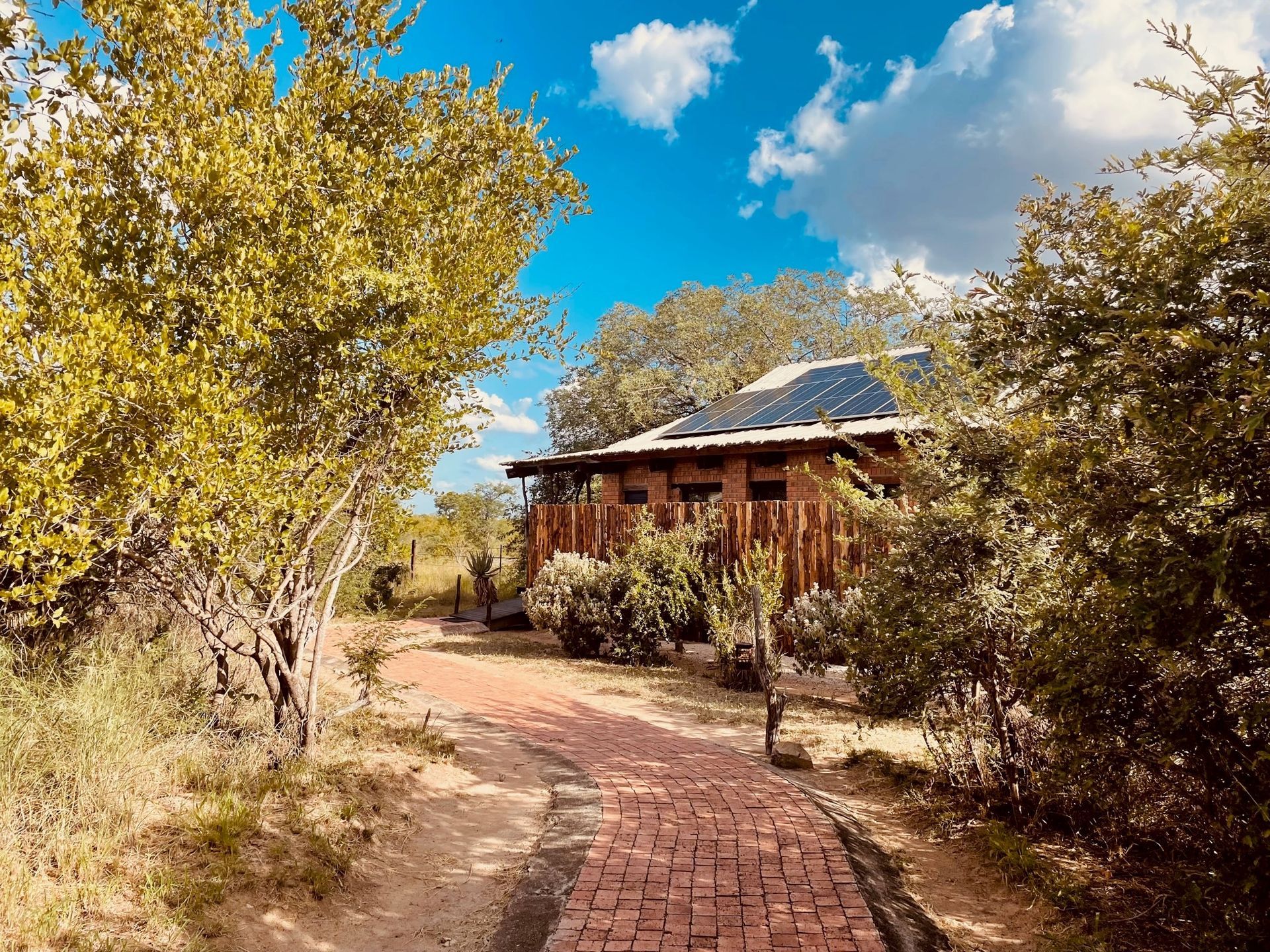 Brick path leading to a wooden cabin among autumn trees under a blue sky