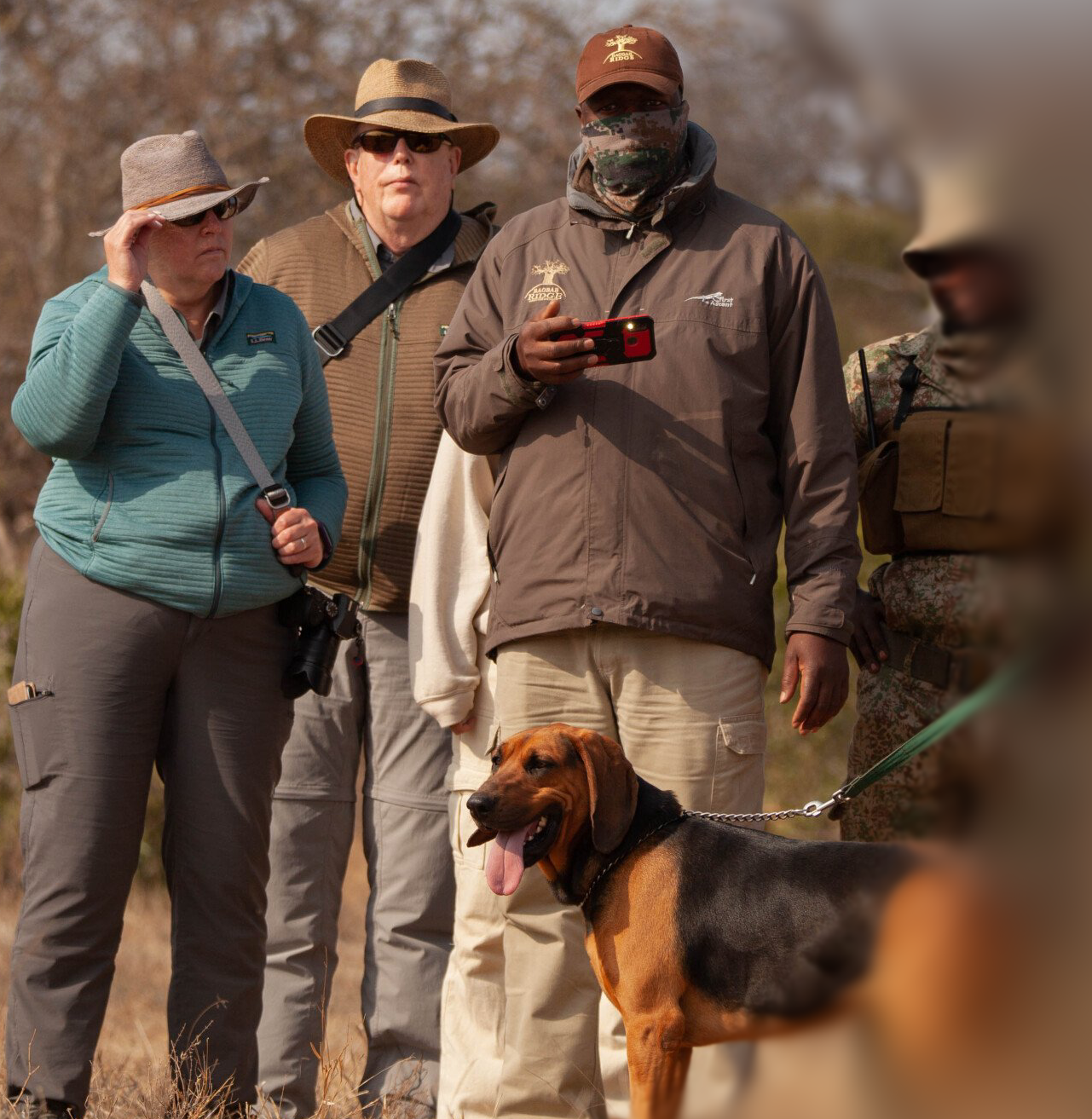 Group of people outdoors with dogs; one person in a hat holds a phone while others look on.