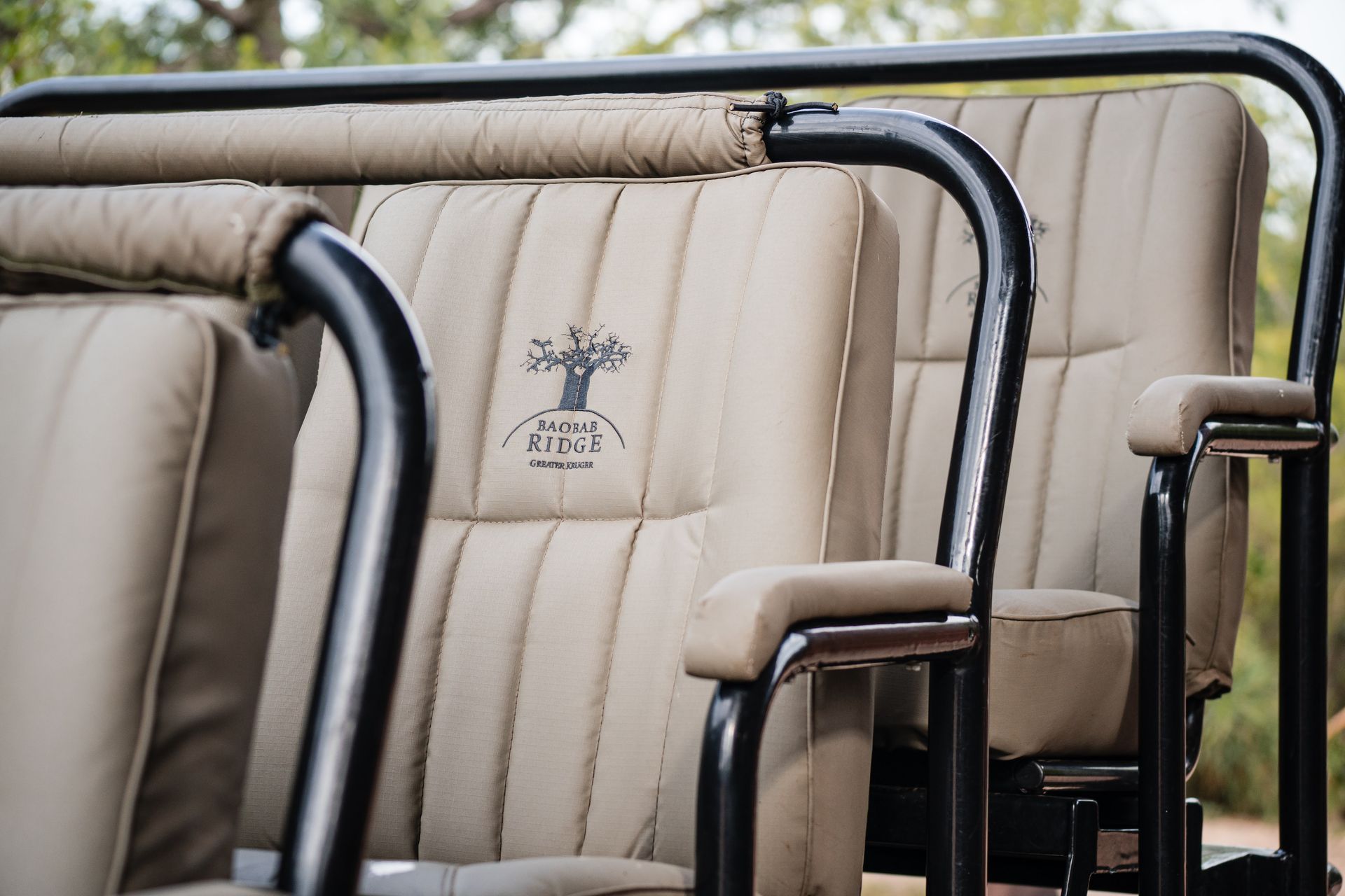 Beige padded stadium seats with black metal armrests and a sports logo on the backrest