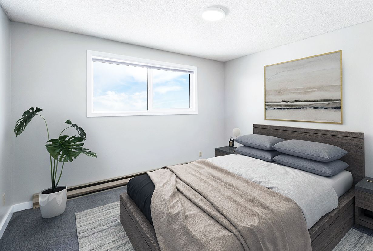 Bright minimalist bedroom with gray bed, potted plant, window, and wall art