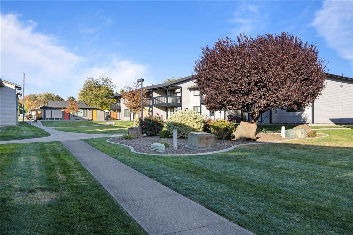 Apartment complex walkway with lawns, trees, and townhomes on a sunny day