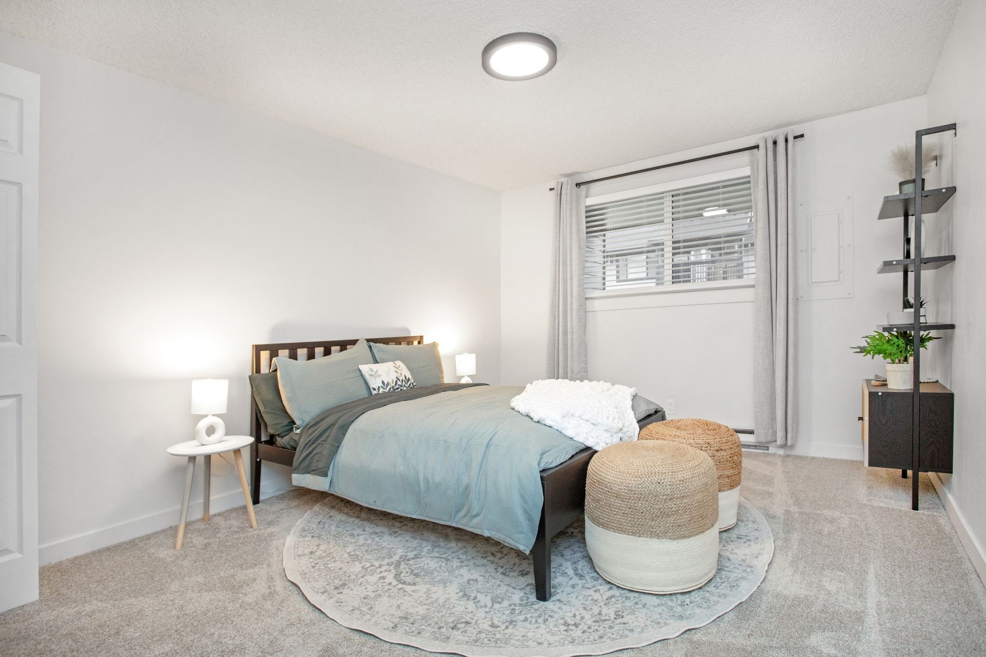 Bright bedroom with a teal bed, round rug, window, and wall shelves in a minimalist white room