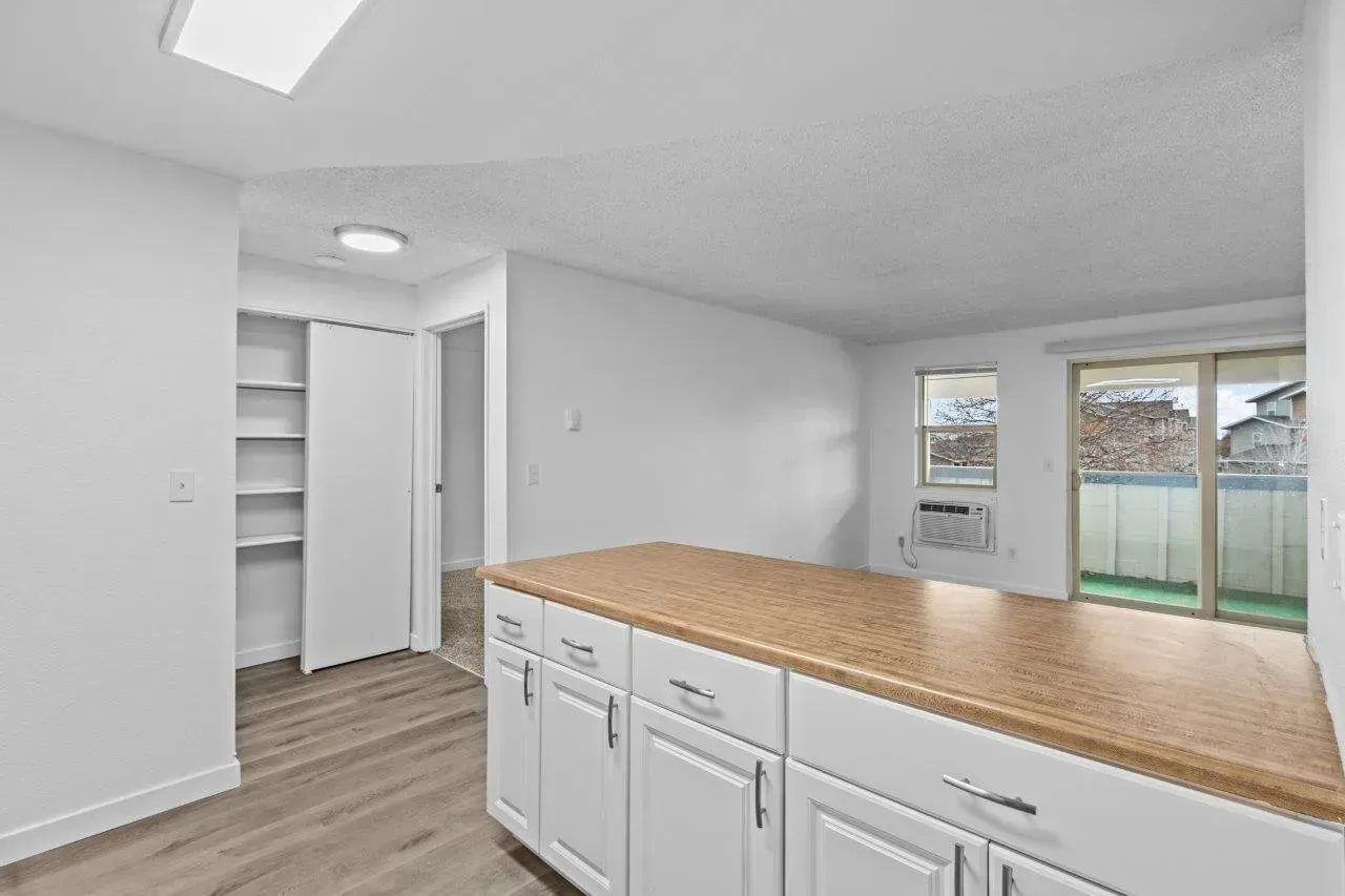 Bright kitchen with white cabinets, wood countertop, open pantry, and sliding glass door to a patio.