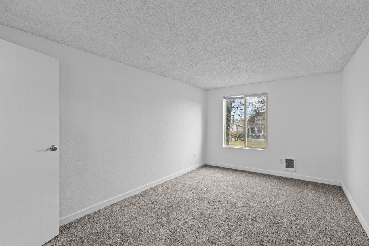 Empty white bedroom with carpet, closed door, and a window letting in daylight.