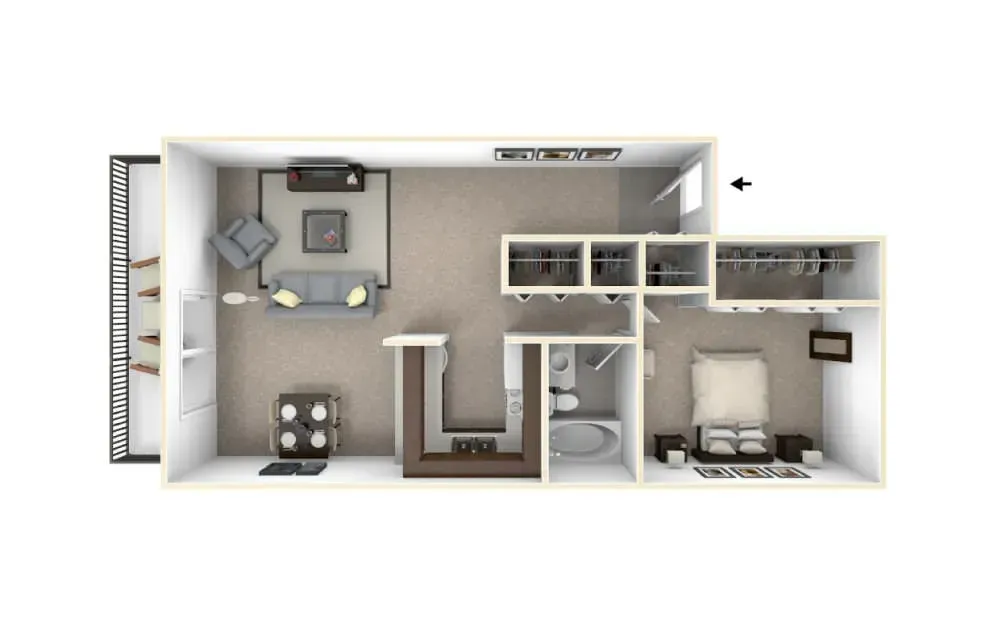 Top-down floor plan of a small apartment with kitchen, living room, bedroom, and bathroom.