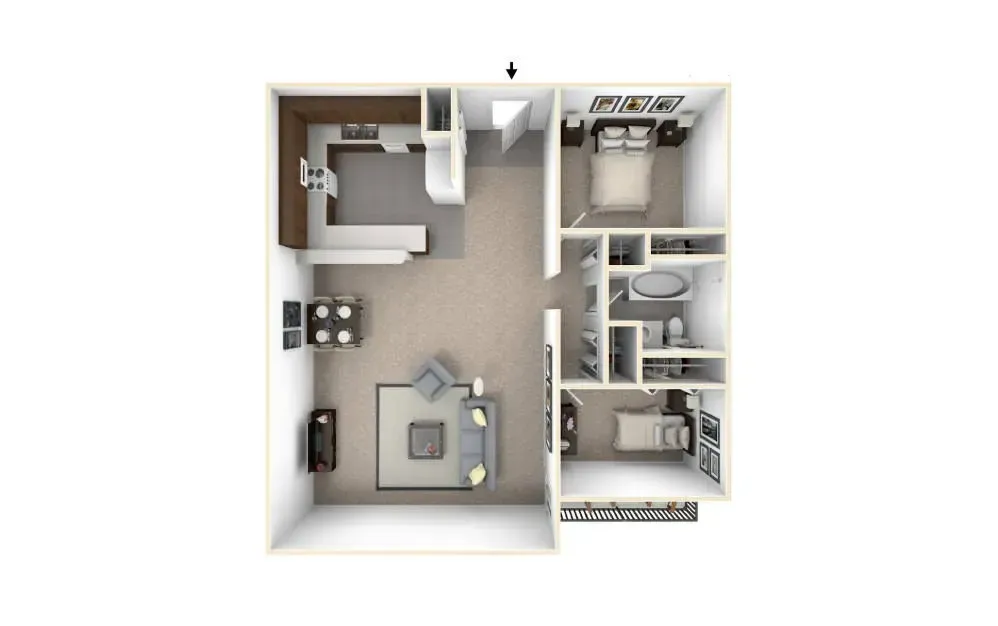 3D floor plan of a small apartment with open kitchen, living area, bedroom, and bathroom