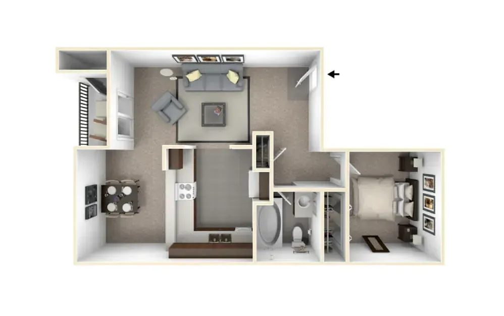 Top-down 3D floor plan of a modern apartment with living room, kitchen, bath, and bedroom.