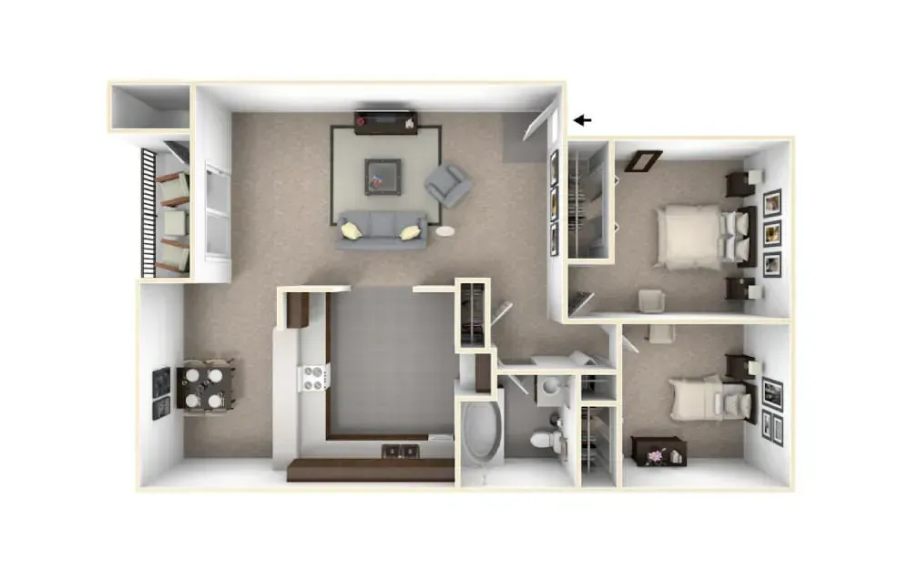 Top-down 3D floor plan of a modern apartment with living room, bedroom, kitchen, and bathroom.