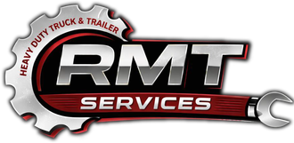 Logo for RMT Services, heavy duty truck and trailer repair. Features gear, wrench, and text on a red background.