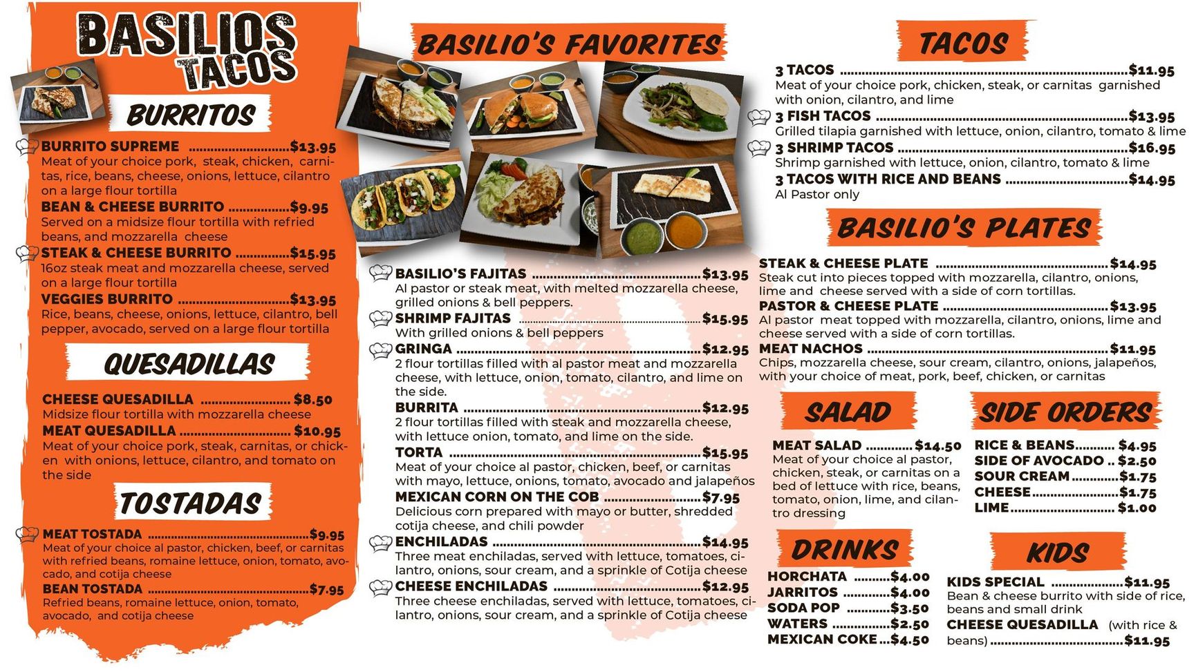 Menu for Basilio's Tacos, offering burritos, tacos, quesadillas, plates, salads, and more. Orange and white design.
