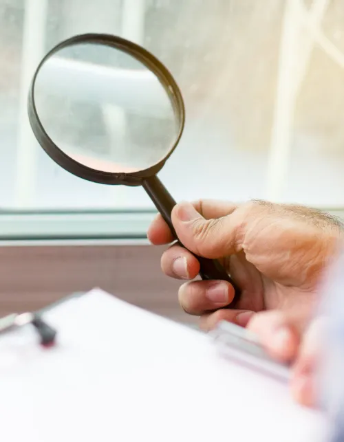 A person is holding a magnifying glass over a piece of paper.
