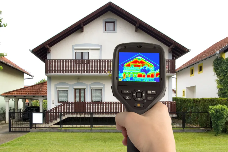 A person is holding a thermal camera in front of a house.