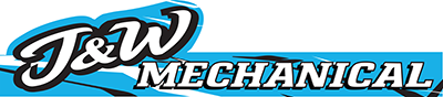 J&W Mechanical logo in black, white, and blue with bold stylized lettering