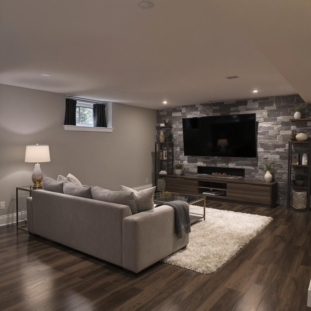 a finished basement with tv and brick wall
