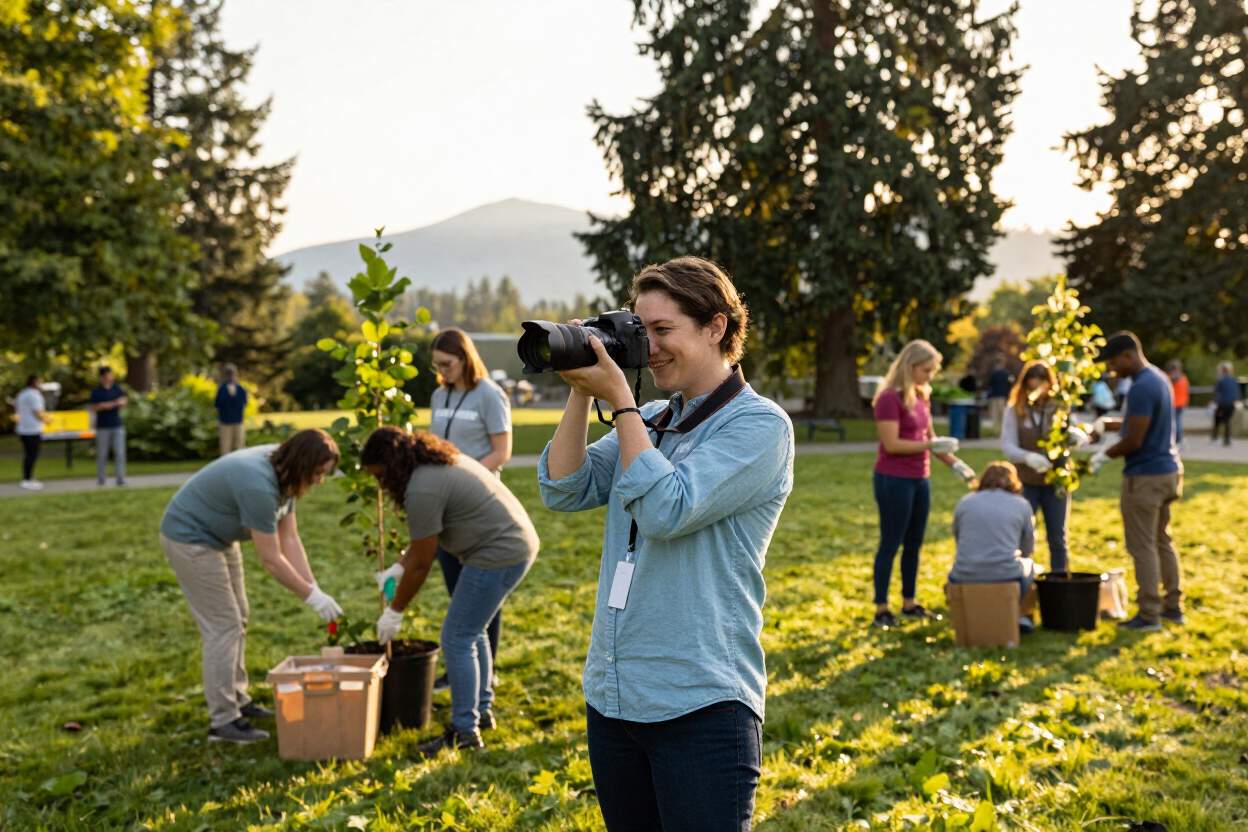 Non-profit staff photographing volunteer event in Vancouver park
