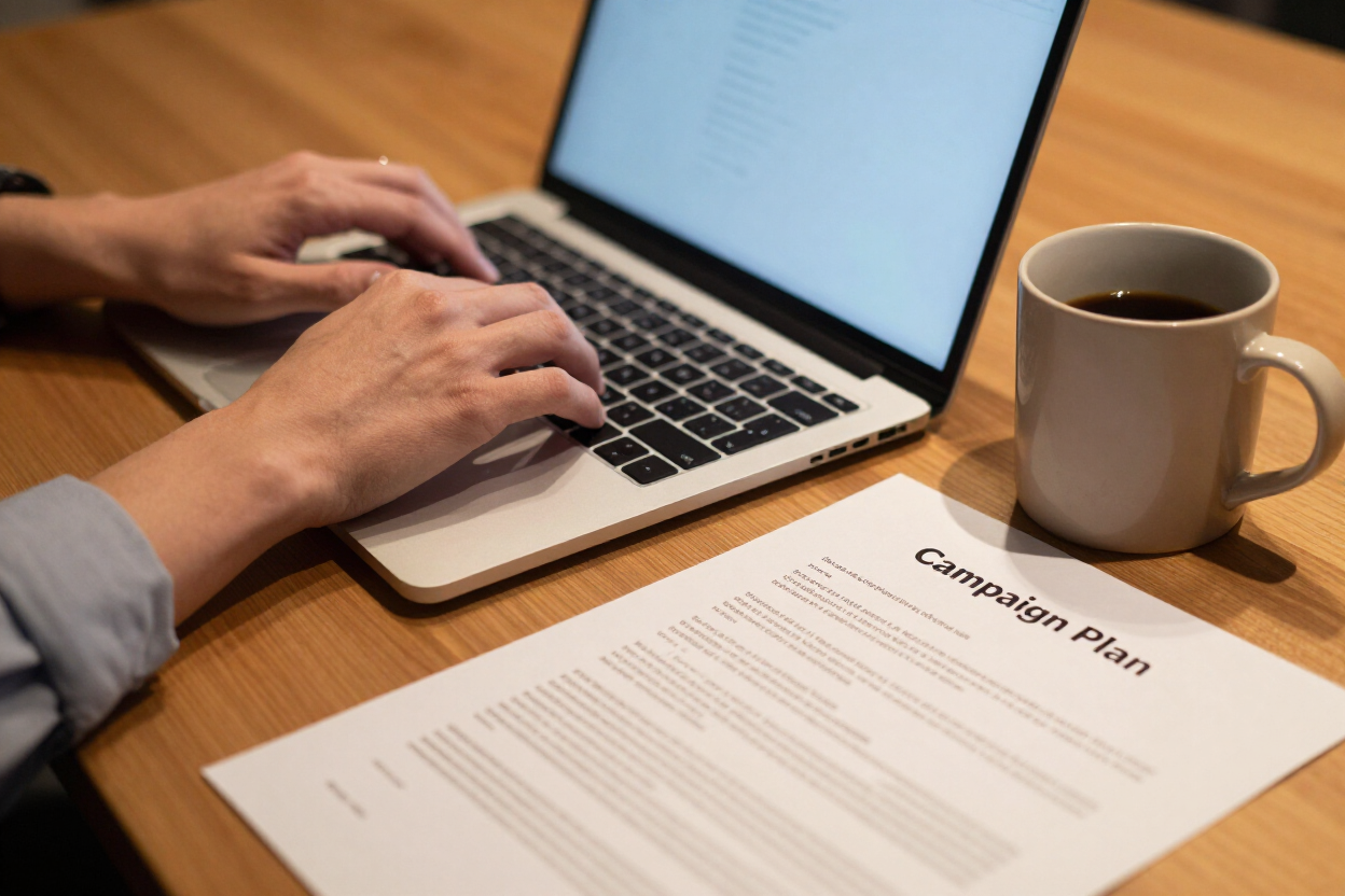 Person typing on laptop with campaign plan documents