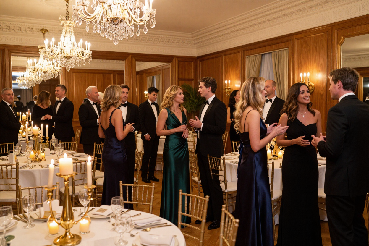 Elegant charity gala with gold candle centrepieces and guests networking