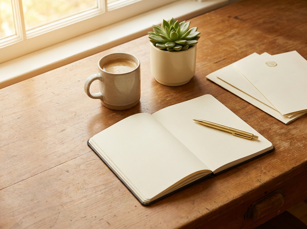A notebook on a desk with a cup of coffee and a small plan