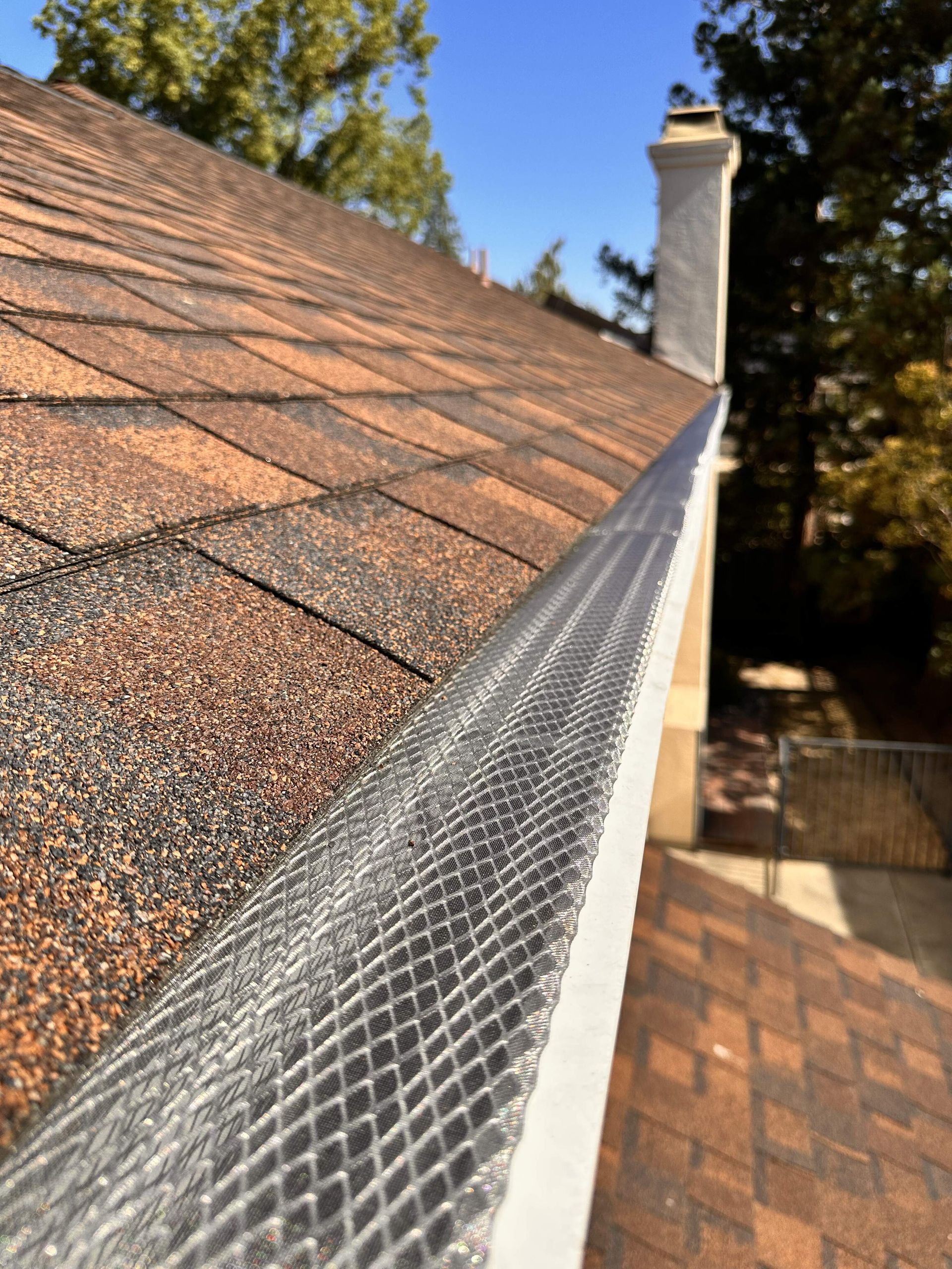 A close-up view of a shingled roof with a mesh gutter guard installed, seen from a high angle.