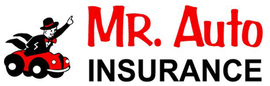 The logo for Mr Auto Insurance Fort Myers, an insurance agent, and insurance company in Fort Myers, and Cape Coral Florida, shows a man in a suit driving a red car.