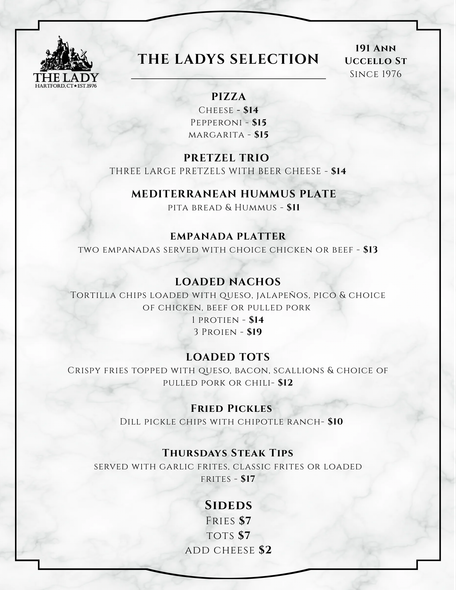 Black-and-white restaurant menu titled “The Lady’s Selection” with pizza, pasta, tacos, and sides.