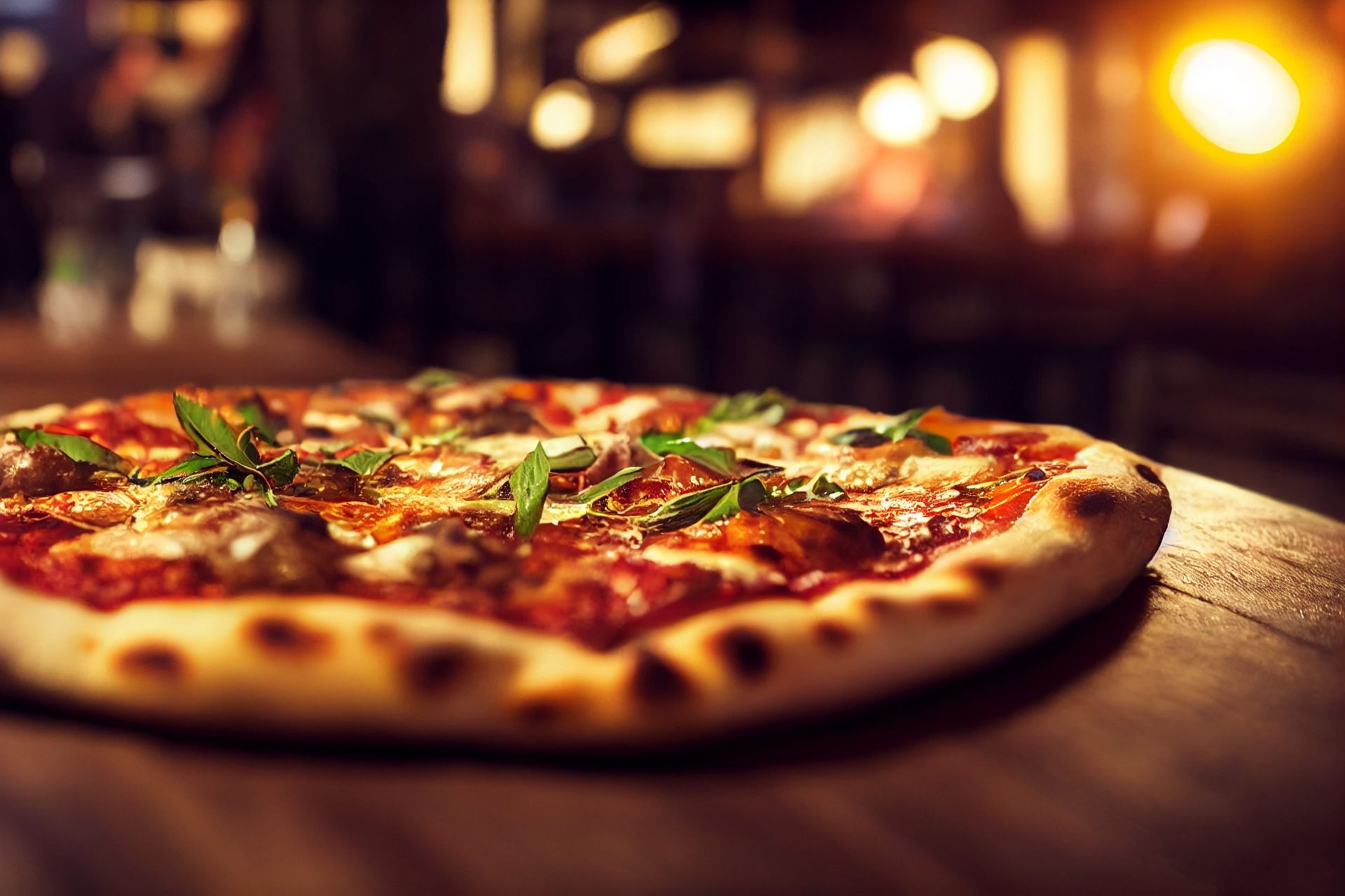 Fresh pizza with basil on a wooden table in warm, blurred restaurant lighting