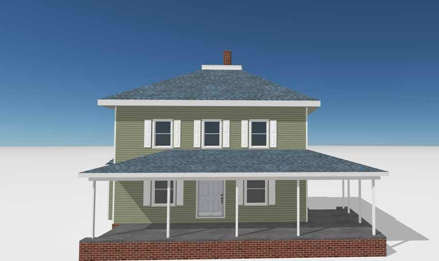 Front view of a two-story green house with white trim, gray roof, and covered front porch