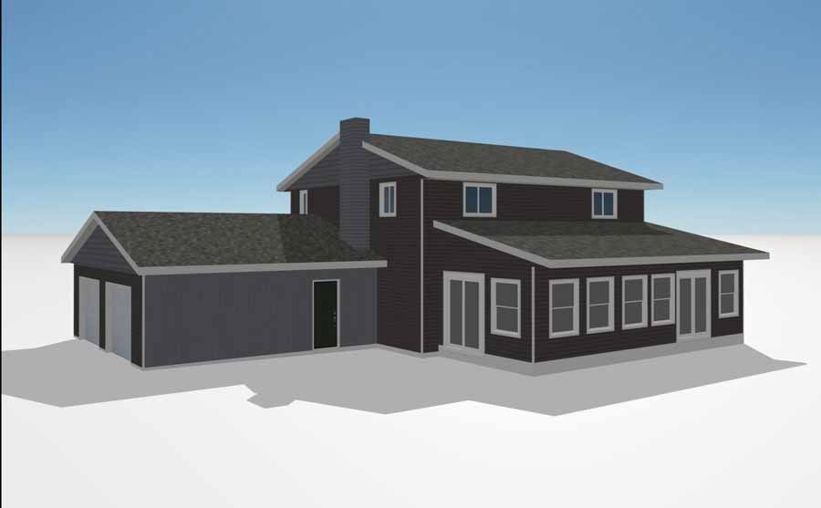 3D rendering of a dark gray two-story house with attached garage on a white background