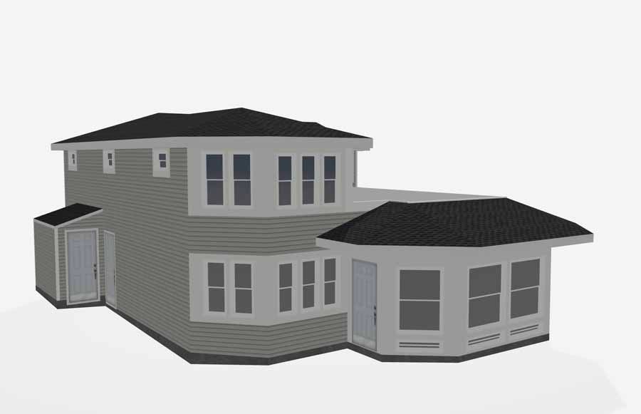 3D rendering of a gray two-story house with a dark roof and attached wing