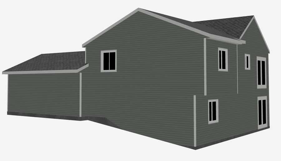Gray two-story house model with attached garage and multiple windows, shown on a white background