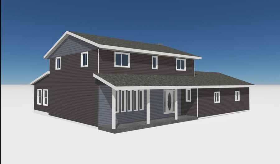 3D rendering of a dark gray two-story house with white trim and a covered porch on a white background