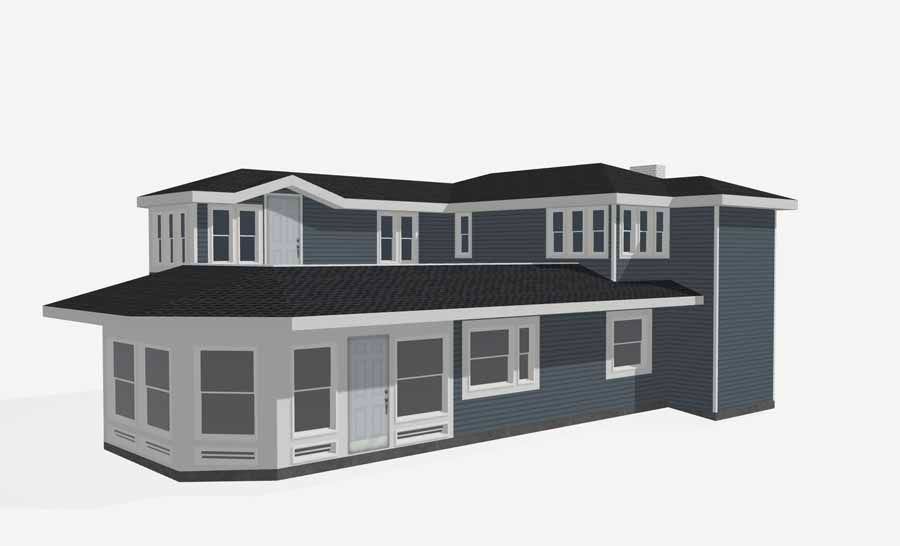 3D rendering of a two-story gray house with dark roof and white trim on a plain white background