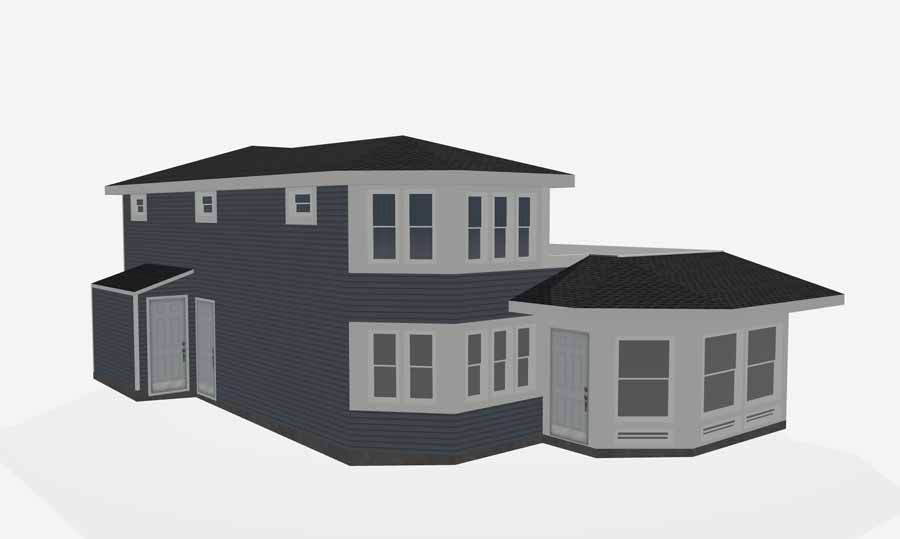 Gray two-story house with dark roof and white-trimmed windows on a light background