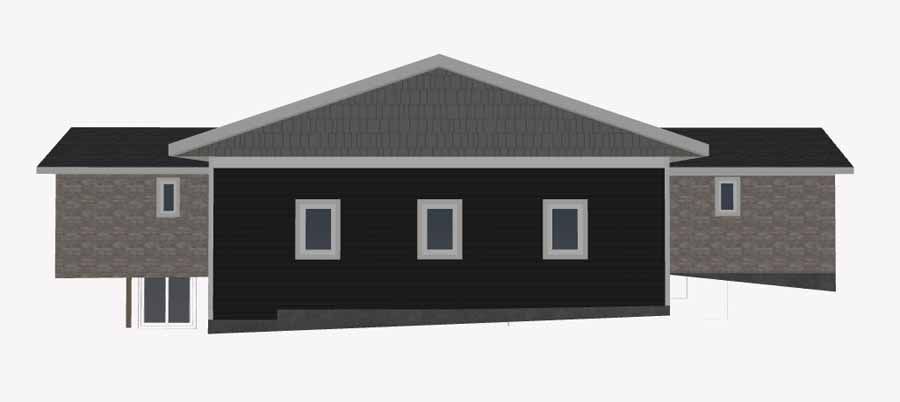 Front view of a modern single-story house with dark siding, gray gables, and small windows